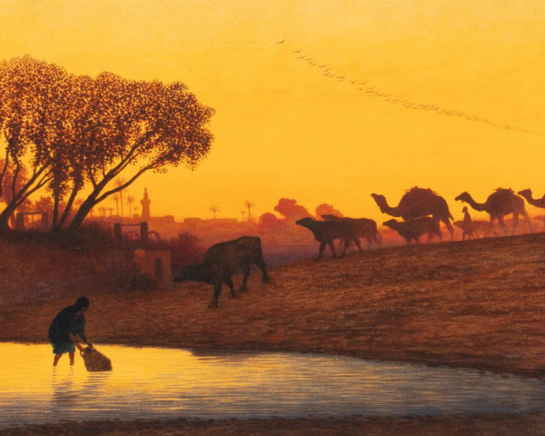 Charles-Théodore Frère (Paris 1814–1888), The Watering Hole at Sunset, signed lower left “Th. Frère Bey”, watercolour on paper, 28.6 × 46.7 cm (11 1/4 × 18 3/8 in.).