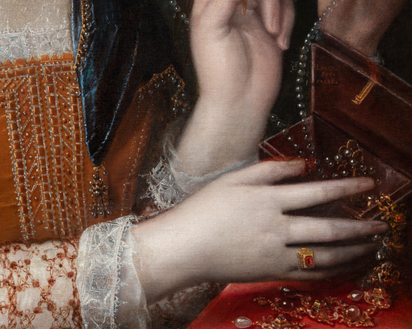 Lavinia Fontana (Bologna 1552–1614), Portrait of Isabella Ruini Angelelli with a Lady-in-waiting, 1592, signed on the jewellery box 'Lavin. Fon. Facies,' oil on canvas, 69.5 × 65.5 cm (27 1/2 × 26 in.)
