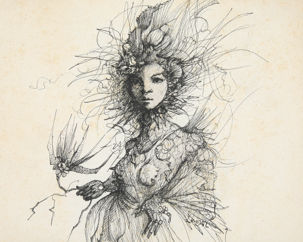 Leonor Fini, Buenos Aires 1907 – 1996 Paris, Self-portrait with a dragonfly, signed lower right: 'Leonor', pen and ink on paper, 15.5 x 20.5 cm (6 1/8 x 8 1/8 in.)